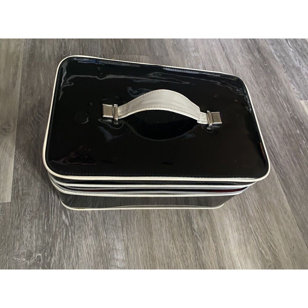 Vintage Black and Cream Cosmetic Train Case w Top Handle and Eiffel Tower Charms